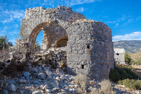 The ancient city of Sidyma from the village of Dodurga, Fethiye, Mugla, in Turkey.