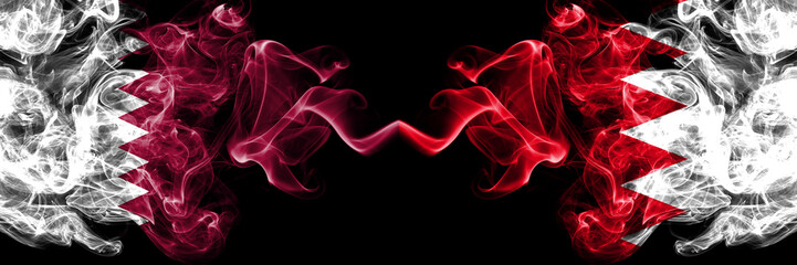 Qatar vs Bahrain, Bahrani smoky mystic flags placed side by side. Thick colored silky abstract smoke flags.
