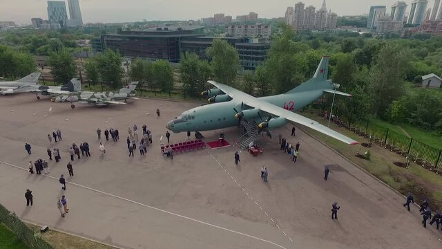 An-12 Soviet military transport aircraft at the exhibition in Moscow,aerial view