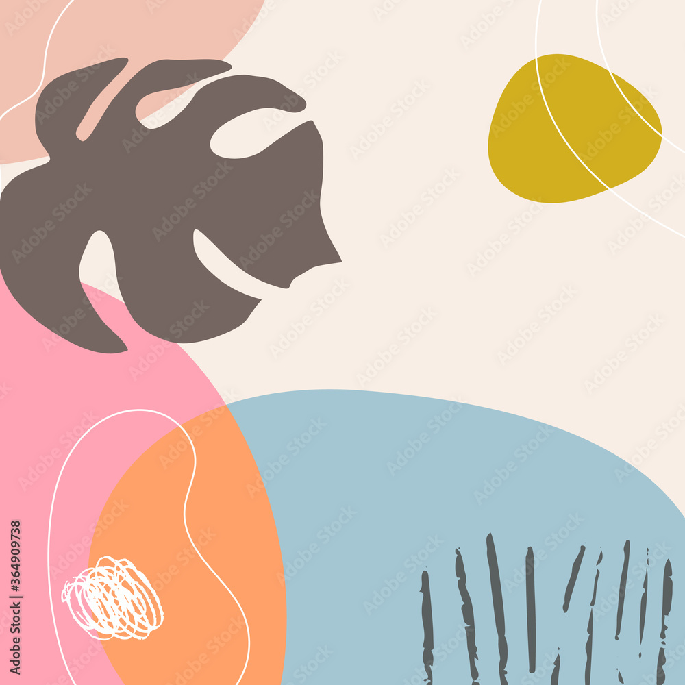 Poster abstract tropical background vector with palm leaf and shapes, lines and doodles in pastel colors
