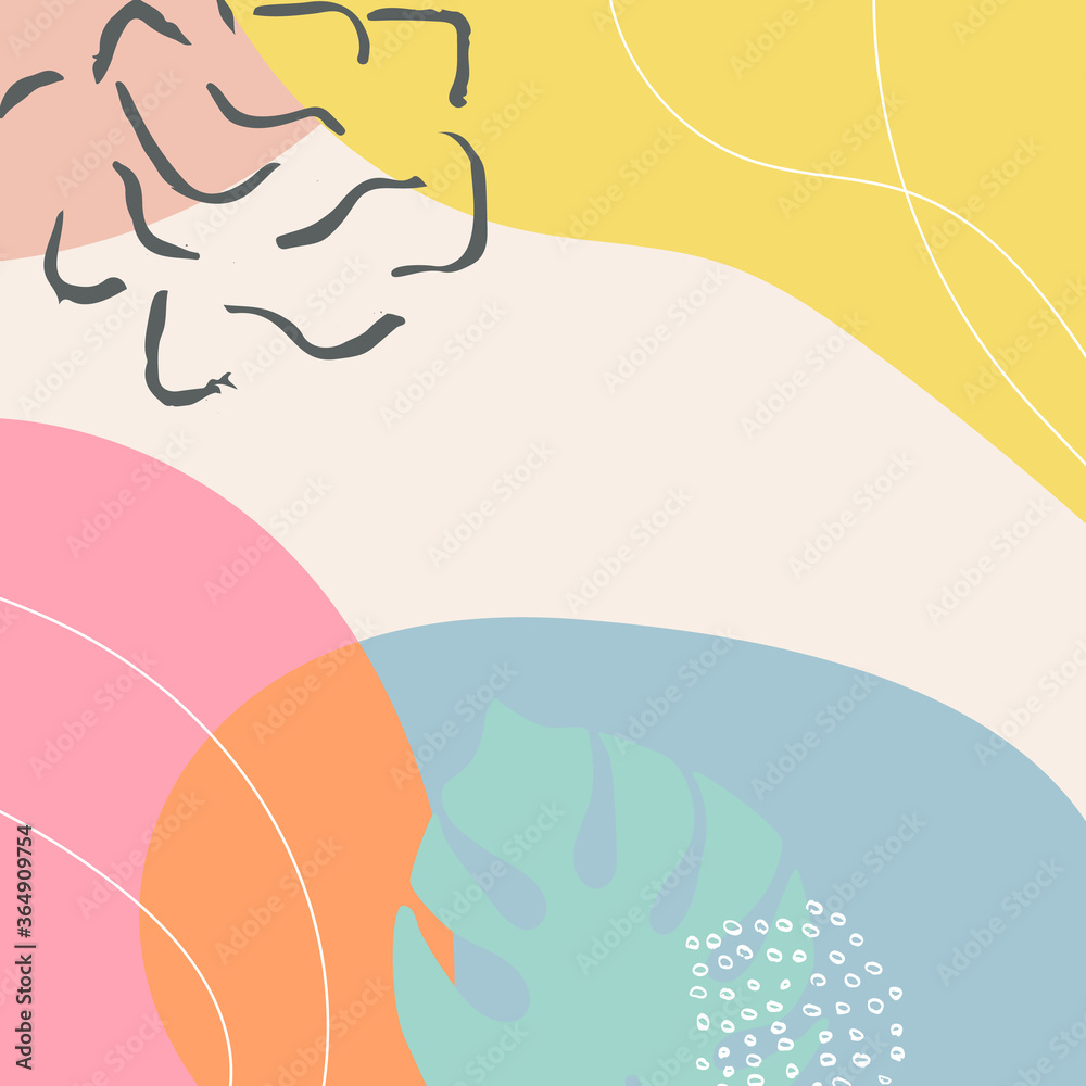 Poster abstract tropical background vector with palm leaf and shapes, lines and doodles in pastel colors