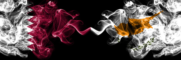 Qatar vs Cyprus, Cyprian smoky mystic flags placed side by side. Thick colored silky abstract smoke flags.