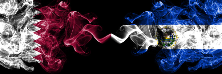 Qatar vs El Salvador, Salvadorian smoky mystic flags placed side by side. Thick colored silky abstract smoke flags.