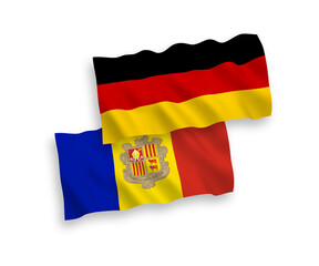 National vector fabric wave flags of Germany and Andorra isolated on white background. 1 to 2 proportion.