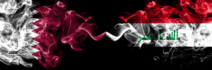 Qatar vs Iraq, Iraqi smoky mystic flags placed side by side. Thick colored silky abstract smoke flags.