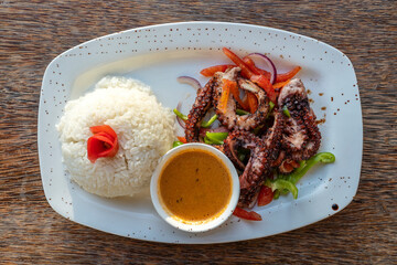 Fried octopus tentacles with white rice on a plate, close up