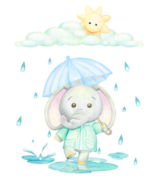 an elephant, in a green raincoat, with a blue umbrella, runs through puddles in the rain. Watercolor concept on an isolated background, in cartoon style.
