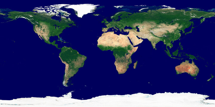 World texture. Satellite image of the Earth. High resolution texture of the planet with relief shading (land topography) and without atmosphere. Realistic and detailed world texture (physical map).