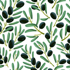 Obraz na płótnie Canvas Seamless pattern with hand drawn olive branches on a white background. It can be used for decoration of textile, paper and other surfaces.