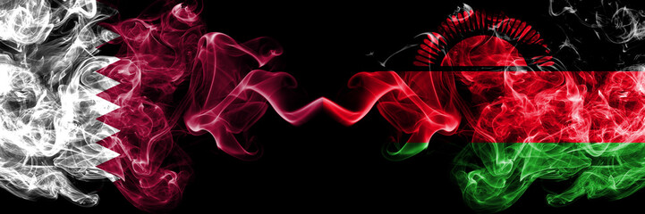 Qatar vs Malawi, Malawian smoky mystic flags placed side by side. Thick colored silky abstract smoke flags.