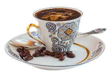 coffee Cup with coffee beans on saucer isolated background