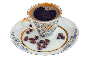 coffee Cup with coffee beans on saucer isolated background