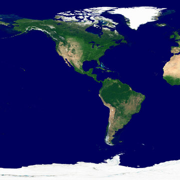 Western hemisphere texture. Satellite image of the Earth. High resolution texture of the planet with relief shading (land topography) and without atmosphere.