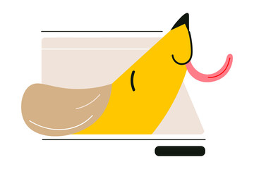 Happy yellow dog enjoying journey in car and showing tongue