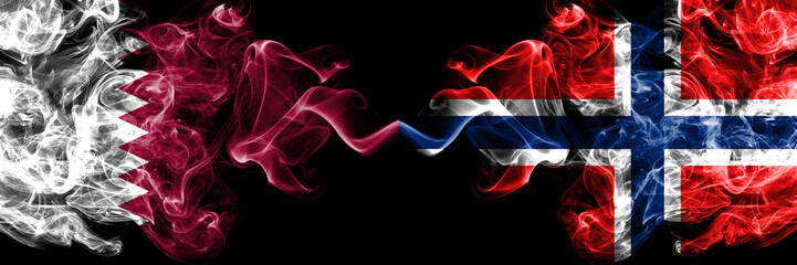Qatar vs Norway, Norwegian smoky mystic flags placed side by side. Thick colored silky abstract smoke flags.