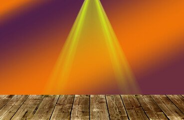 a beam of reflector on a wooden stage an orange red background