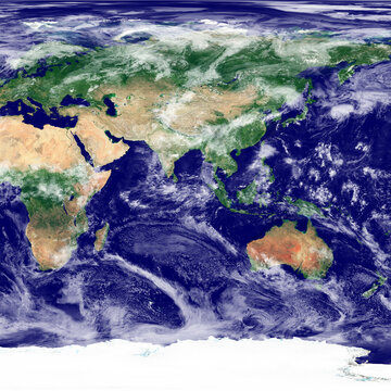 Eastern hemisphere texture. Satellite image of the Earth. High resolution texture of the planet with relief shading (land topography) and atmosphere (clouds).