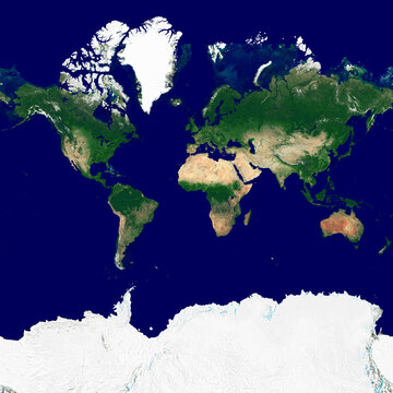 World texture in the Web Mercator projection. Satellite image of the Earth. High resolution texture of the planet with relief shading (land topography) and without atmosphere.