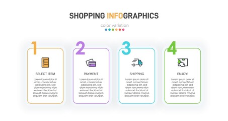 Concept of shopping process with 4 successive steps. Four colorful graphic elements. Timeline design for brochure, presentation, web site. Infographic design layout.