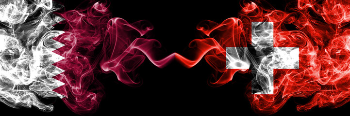 Qatar vs Switzerland, Swiss smoky mystic flags placed side by side. Thick colored silky abstract smoke flags.