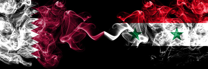 Qatar vs Syria, Syrian smoky mystic flags placed side by side. Thick colored silky abstract smoke flags.
