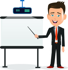 Business person presenting on a blank whiteboard form a overhead projector projection empty space message text sales marketing stick smile expert mentor manager ceo executive professional talk