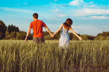 Happy young couple walking together through wheat field. Rear view.