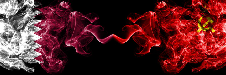 Qatar vs USSR, Communist smoky mystic flags placed side by side. Thick colored silky abstract smoke flags.