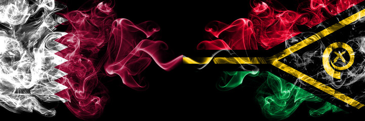 Qatar vs Vanuatu smoky mystic flags placed side by side. Thick colored silky abstract smoke flags.