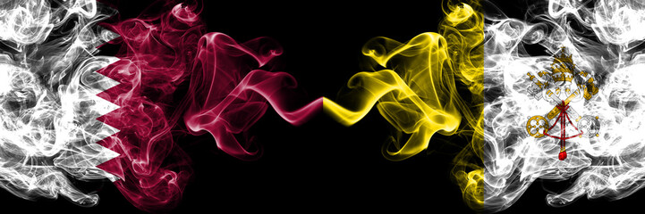 Qatar vs Vatican city smoky mystic flags placed side by side. Thick colored silky abstract smoke...