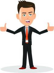 businessman human character giving thumbs up on both hands and happy simile on his face