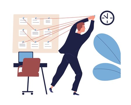 Businessman effective organize workflow vector flat illustration. Male office worker optimization priority tasks to deadline isolated on white. Concept of work schedule planning and time management