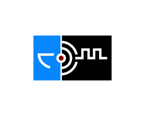 An abstract graphic of a white mouth against a blue rectangle juxtaposed with white semicircular arcs and a white square waveform set against a black rectangle. A red dot is interposed between halves.