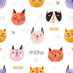 Funny childish colorful cat muzzles seamless pattern. Portraits of cute spotted and striped domestic animals vector flat illustration. Amusing kitty heads or faces with design elements