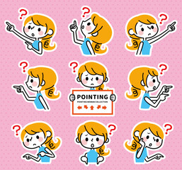 色んな方向を指さす女性　疑問