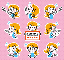 色んな方向を指さす女性　困る　焦る