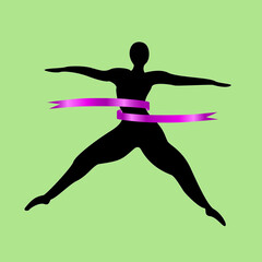 Fototapeta na wymiar Women fitness logo template. Black silhouette of jumping human with ribbon around waistline. Sports athletics wellness body. Ballet symbol, weight loss icon.