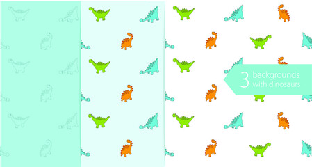 Set of 3 vector backgrounds with dinosaurs. Cartoon dinosaurs. Seamless background.
