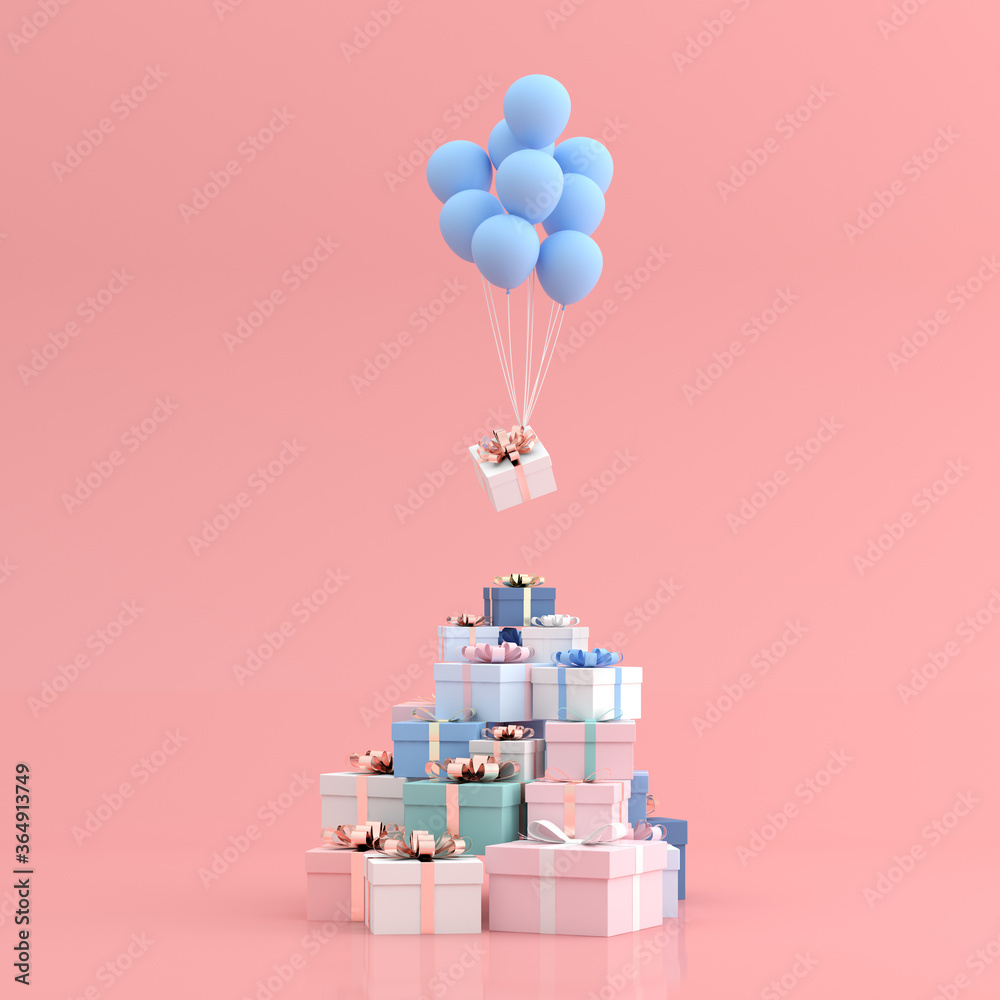 Aufkleber mock up of gift box and balloons in minimal style. 3d rendering.