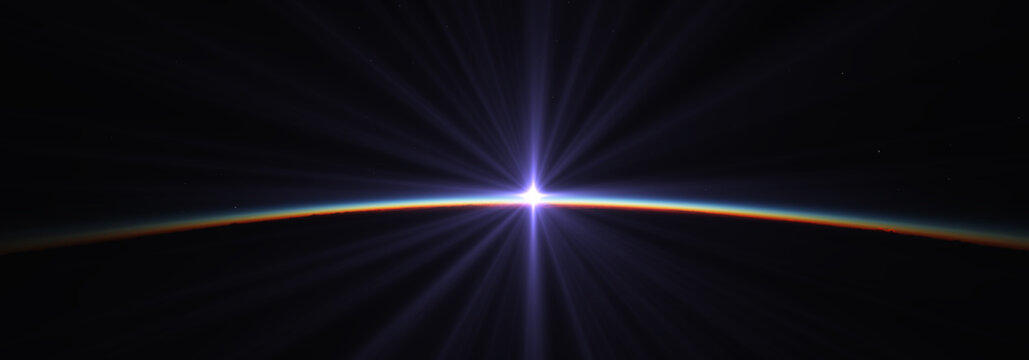 Fototapeta Earth sunrise from space over cloudy ocean. 3d rendering