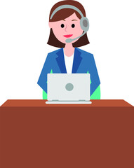 colored illustration of lady customer care representative talking speaking over headphone laptop working office desk sales support