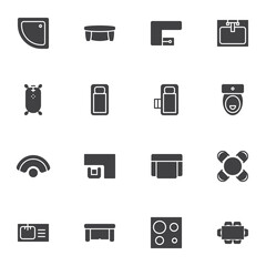 Home interior furniture vector icons set, modern solid symbol collection, filled style pictogram pack. Signs, logo illustration. Set includes icons as sofa and armchair, toilet, sink, kitchen stove