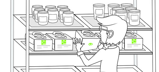 Customer taking a cake box from the shelf bakery shop jam jelly juice mayonnaise cheese