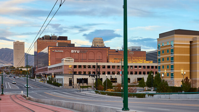 Salt Lake City, USA - October 23, 2016: Panoramic view the city downtown with BYU Salt Lake Center at sunset.