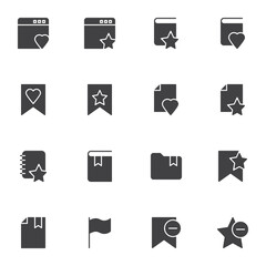 Bookmark vector icons set, modern solid symbol collection, filled style pictogram pack. Signs logo illustration. Set includes icons - website bookmark, favorite book, folder, document file, star, flag