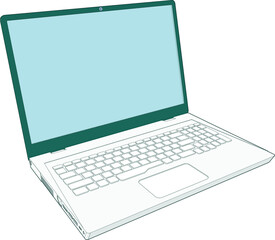 cute illustration of a Modern Laptop open 115 degree 45 angle vector blank empty screen visible with keyboard