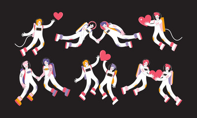 Set of cartoon characters of people astronauts. Loving couple of cosmonauts in a in space suits and helmets. Man and a woman hold the heart in their hands are flying in space. Hand drawn illustration.