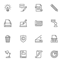 Copywriting related line icons set, outline vector symbol collection, linear style pictogram pack. Signs, logo illustration. Set includes icons as message writing, typewriter machine, printer, book