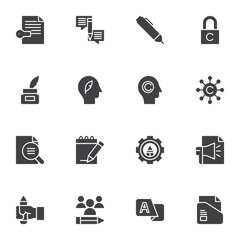 Copywriting related vector icons set, modern solid symbol collection, filled style pictogram pack. Signs, logo illustration. Set includes icons as digital marketing, advertising submission, document