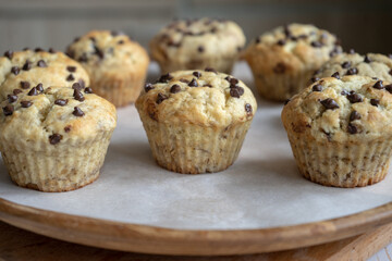 fresh banana cupcakes with chocolate chips and chocolate souffle inside, baked in silicone molds
